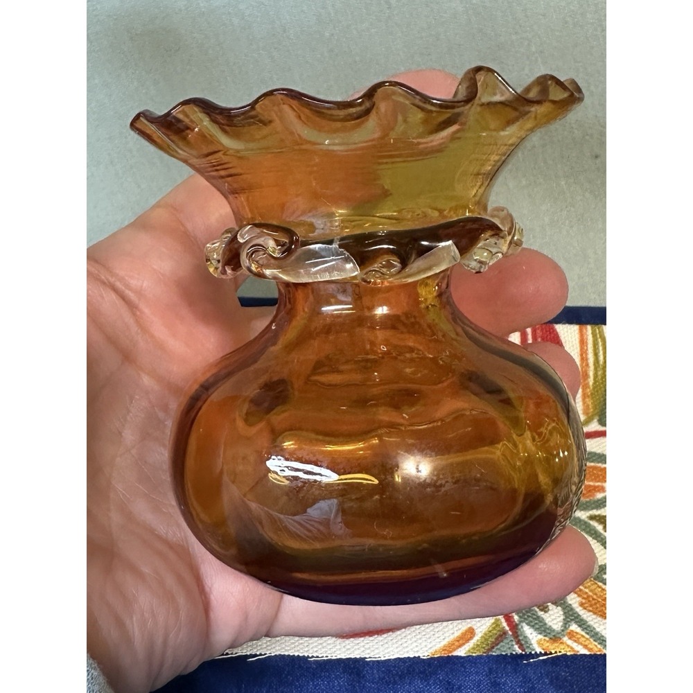 Pilgrim Glass Bud Vase Honey Amber Hand Blown Art Glass Ruffle Rim Vintage